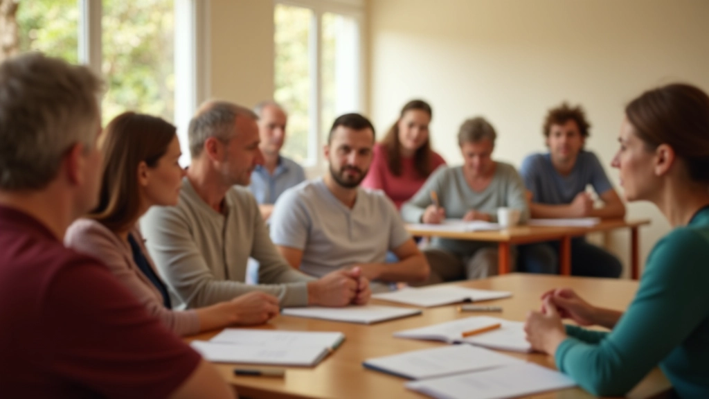 Group of mixed-age people in a community center during a Portuguese language class, smiling and engaged, bright natural light, warm atmosphere