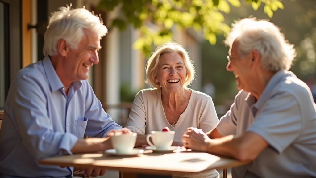 Group of diverse people of various ages enjoying social connection in urban setting, smiling and engaged