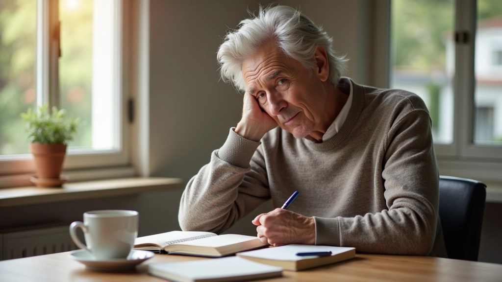 Person writing in a journal at a wooden table with morning coffee, thoughtful expression, natural window light