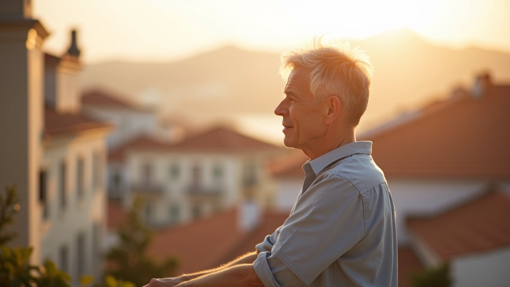 Person aged 60 looking out from a Portuguese balcony with tiled railings overlooking city rooftops, peaceful expression, golden hour lighting, sharp focus