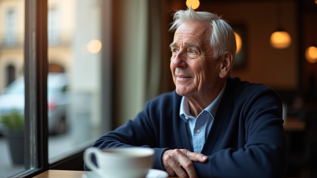 Person in casual clothing sitting at a café table with a coffee, looking out the window with a relaxed, contented expression, natural lighting