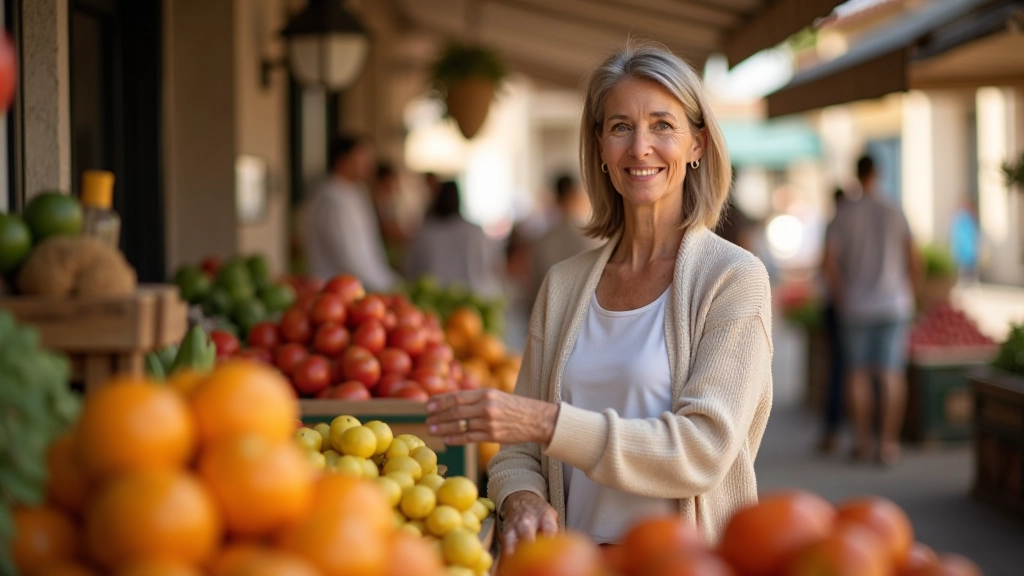 Woman aged 58 in a traditional Portuguese market stall, examining fresh produce, natural morning light, authentic marketplace setting, sharp focus