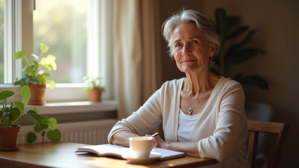 Older woman sitting at a wooden table with journal, coffee, and natural morning light streaming through window
